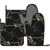 Marble Gold Black Oven Mitts and Pot Holders Sets of 4, Heat Resistant Silicone Oven Mittens and Potholders Gloves Hot Pads for Kitchen Cooking Baking Grilling BBQ Chef