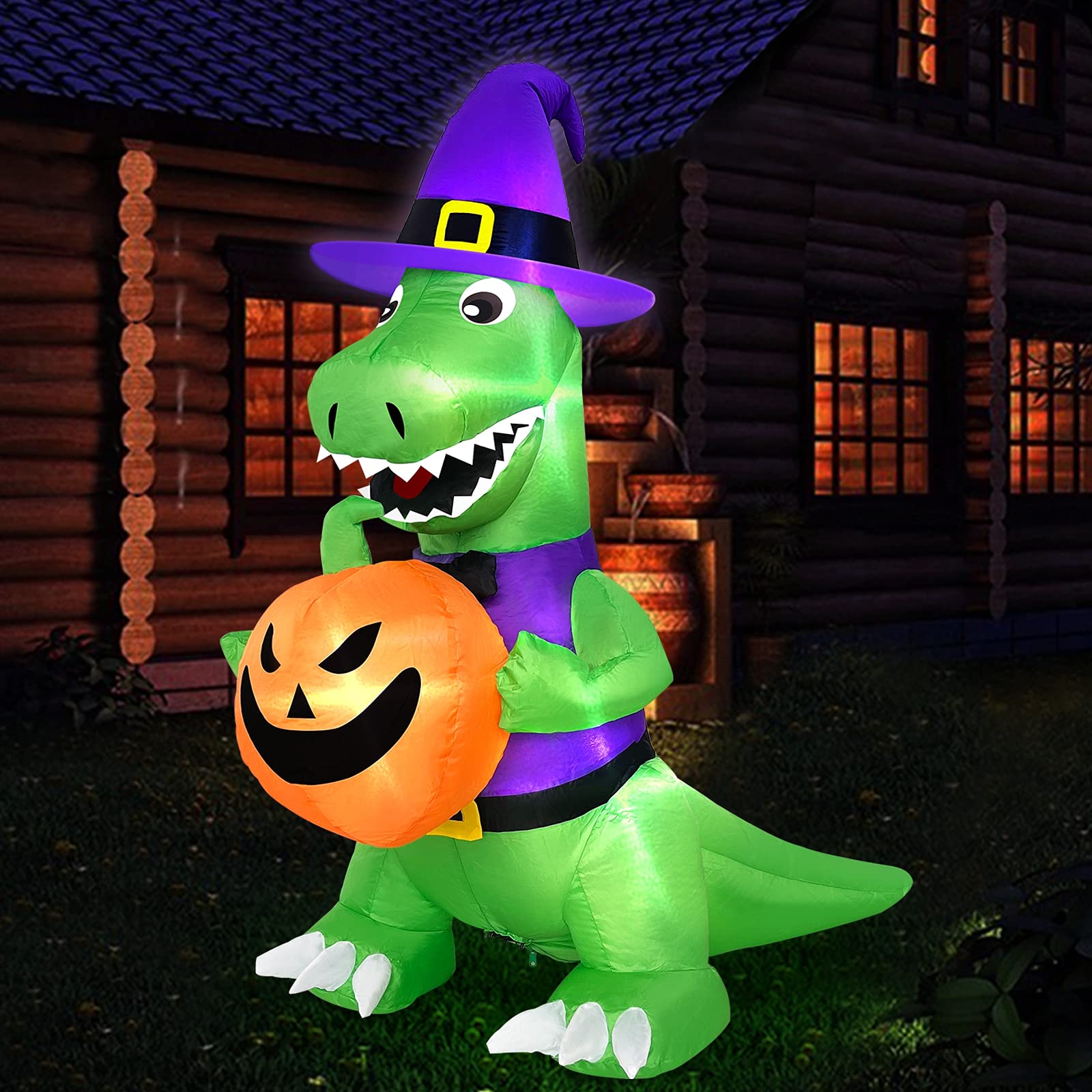 Photo 1 of TURNMEON 4 Ft Halloween Inflatables Outdoor Decorations, Blow Up Witch Dinosaur Holding Pumpkin Built-in LEDs Lights Holiday Decor for Indoor Yard Lawn Garden