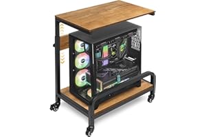 CIAO STILISTA Computer Tower Stand Adjustable 2 Tier for ATX Extra Large CPU Floor Stand PC Tower Stand CPU Holder Cart with Guard Rail Metal Locking Wheels 32.7" X 21.6" X 15.8",Walnut