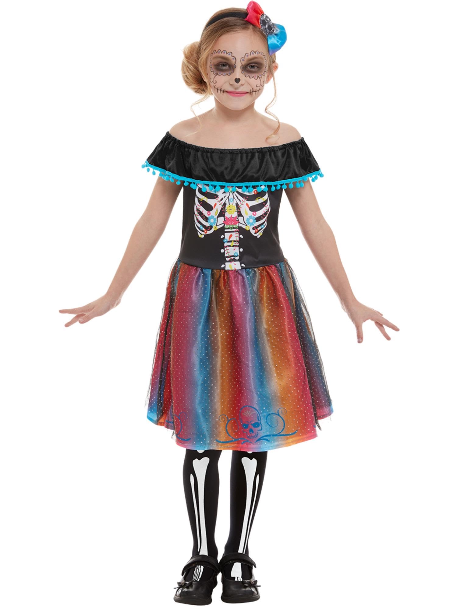 Smiffys Day of The Dead Girl Costume, Multi-Coloured with Dress & Headband, Halloween Child Fancy Dress, Halloween Dress Up Costumes