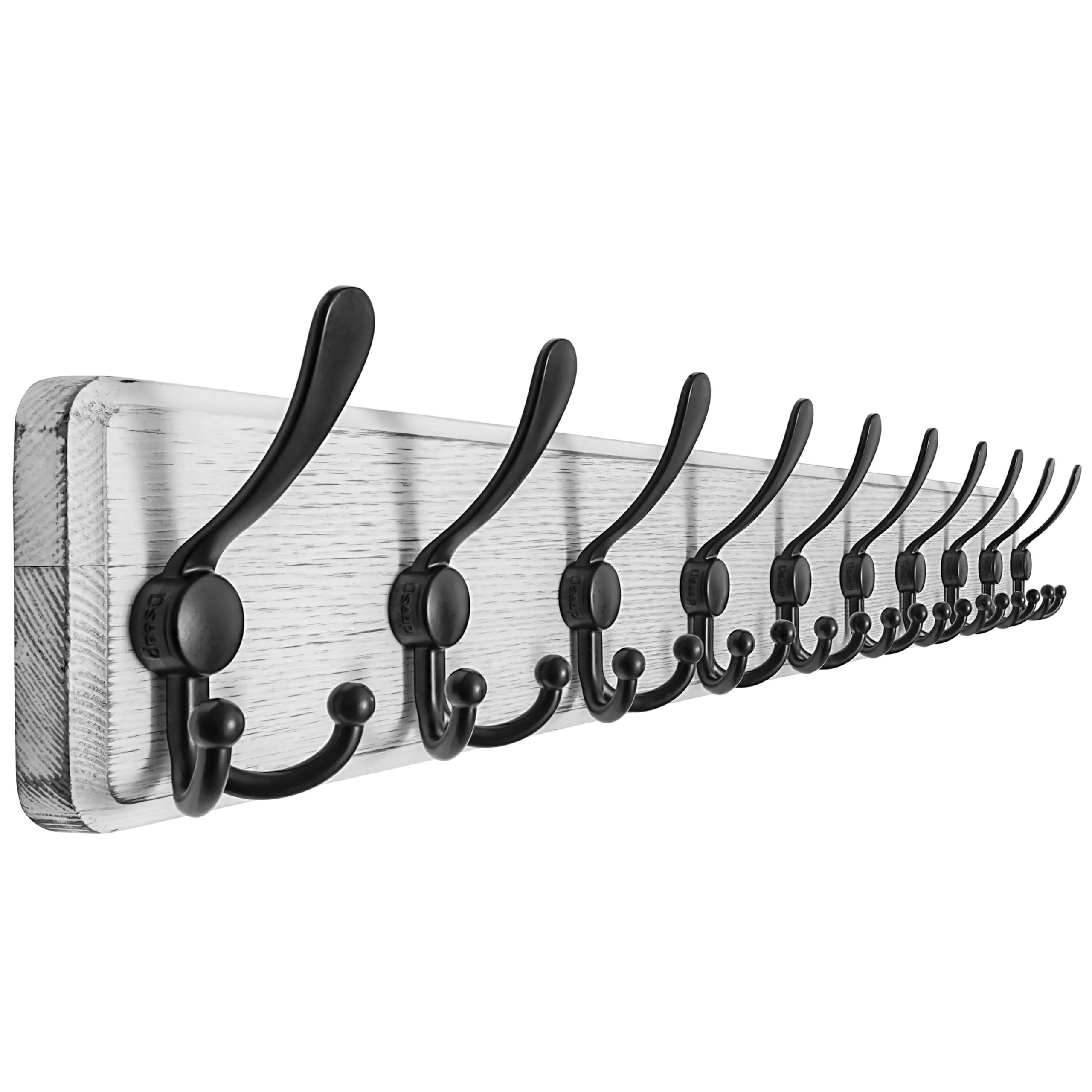 Dseap Coat Rack Wall - Heavy-Duty 97cm Long, with Reinforced 10 Custom Tri-Hooks, Solid Wood Wall Hanger for Coats Hat Jackets - Rustic Farmhouse Entryway Hallway Storage, White & Black