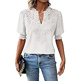Falechay Womens Summer Tops Boho Short Sleeve Shirts V Neck Casual Chiffon Blouses Flowy Lace Hem Spring Clothing Trendy 2025