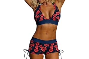 BOXIACEY Bikini Sets for Women Two Piece High Waisted Tummy Control Swimsuits with Shorts Halter Floral Print Bathing Suits