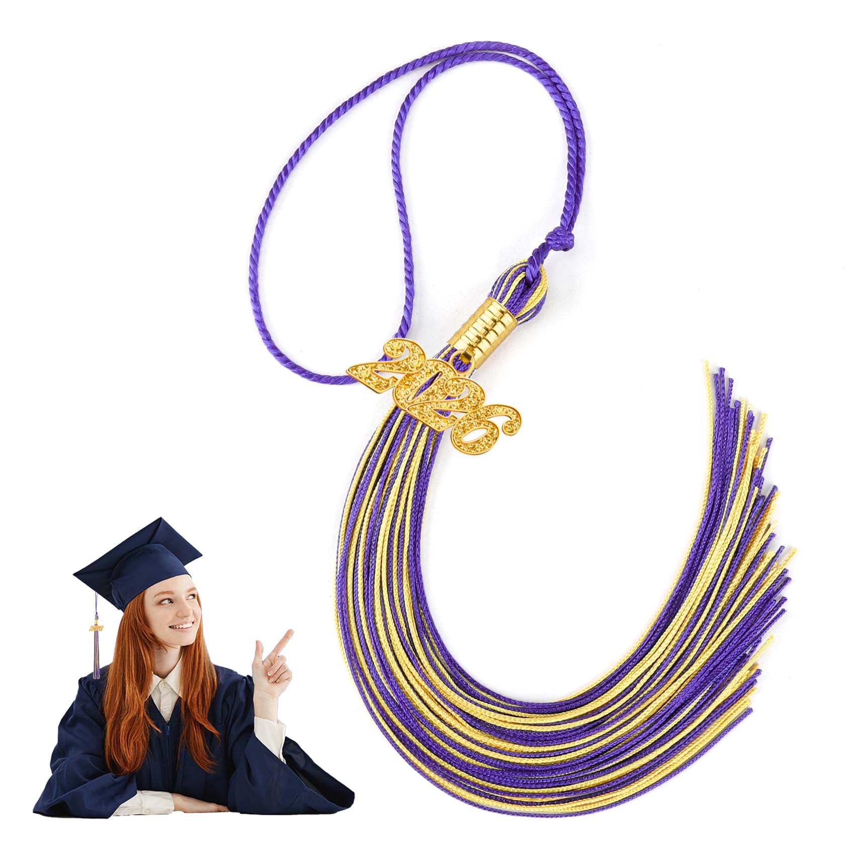 Photo 1 of CDIXlmuz Class of 2026 Graduation Tassels Purple and Gold Tassels Decorations with 2026 Gold Charm, Tassel Graduation Cap Decorations High School Grad Gifts for Him