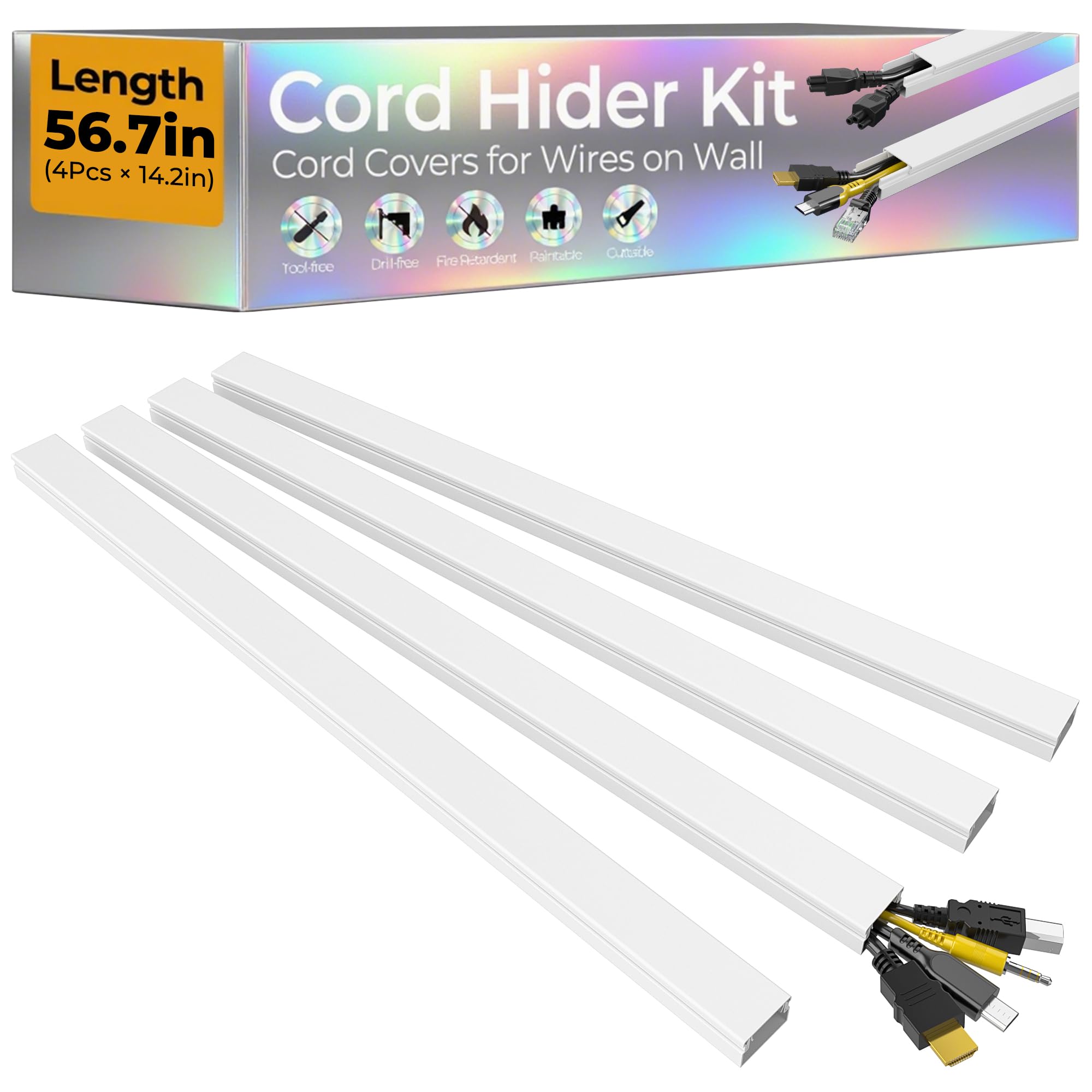 Photo 1 of 56.7in Cable Hider Cord Hider, Wire Covers for 2-4 Cords on Wall, Premium Cord Covers for Wires on Wall, Easy Set-up Wire Hider to Hide Tv Wires, Lamp, Speaker Cords, W0.95 H0.55in, White