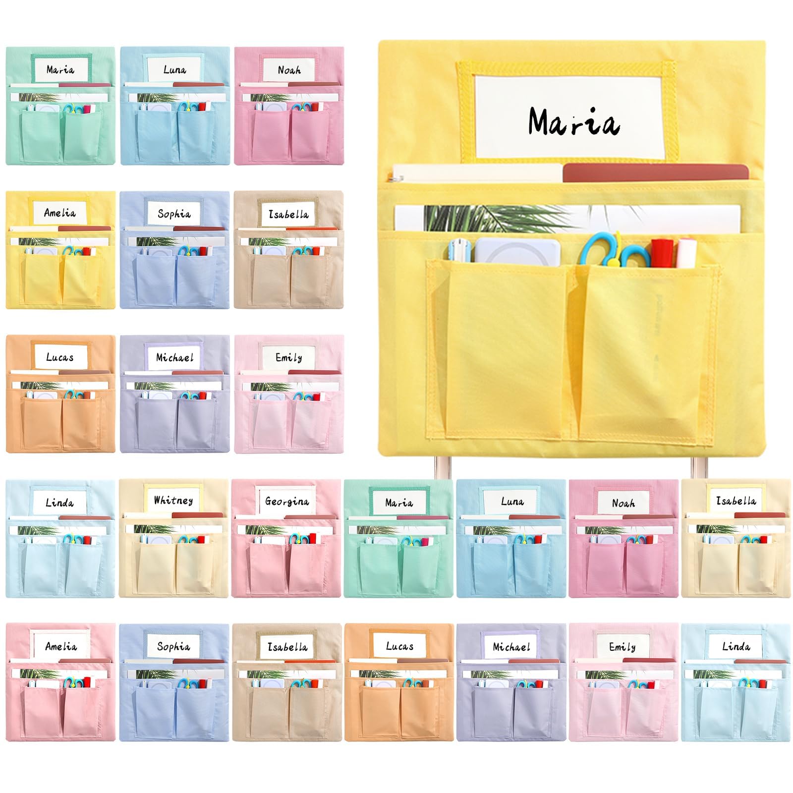 Photo 1 of 24 Pcs Chair Pockets for Classroom 13x14 inch Seat Sacks with Name Tag for Classroom Chairback Pocket Chart Multi Pockets K-2 Chairs Seat Back Organizer for Elementary School Home Supplies(Pastel)