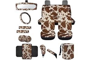 Wanyint Brown Beige Cow Print Car Seat Cover Set 14 PCS, with Steering Wheel Seat Belt Pad Garbage Bag Rearview Mirror Armrest Seat Box Handbrake Cover Set Car Coasters Fit SUV Sedan