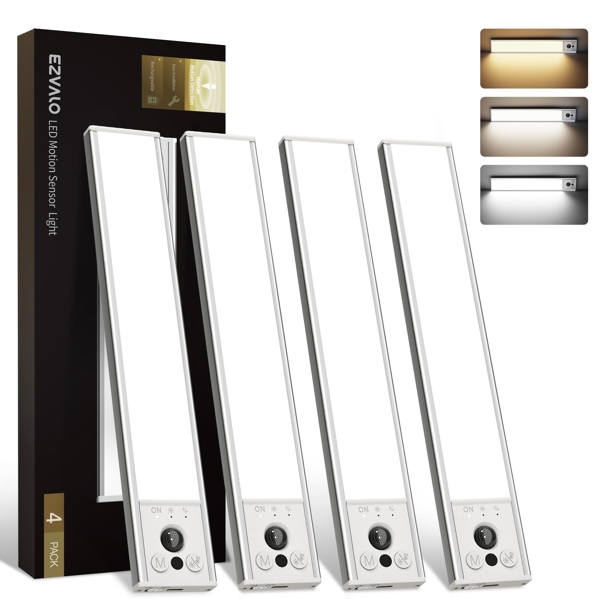 EZVALO 4-Pack Under Cabinet Lights, 2400mAh Rechargeable Motion Sensor Light Indoor, Wireless Closet Lights Battery Operated, with 3 Color Temps, Dimmable, Magnetic, for Kitchen, Stair, Pantry(8inch) Image