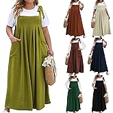 Overall Dress for Women Loose Pleated Adjustable Straps Maxi Dress Big Pockets Square Neck Barrel Casual Jumper Dresses