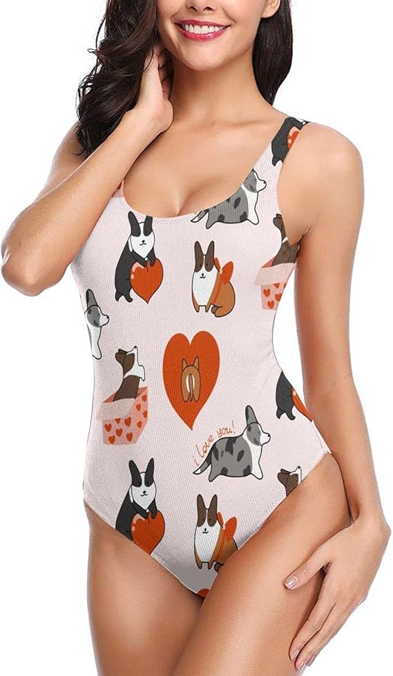 One Piece Swimsuit Corgi Dogs With HeartsWomen High Waisted Backless 