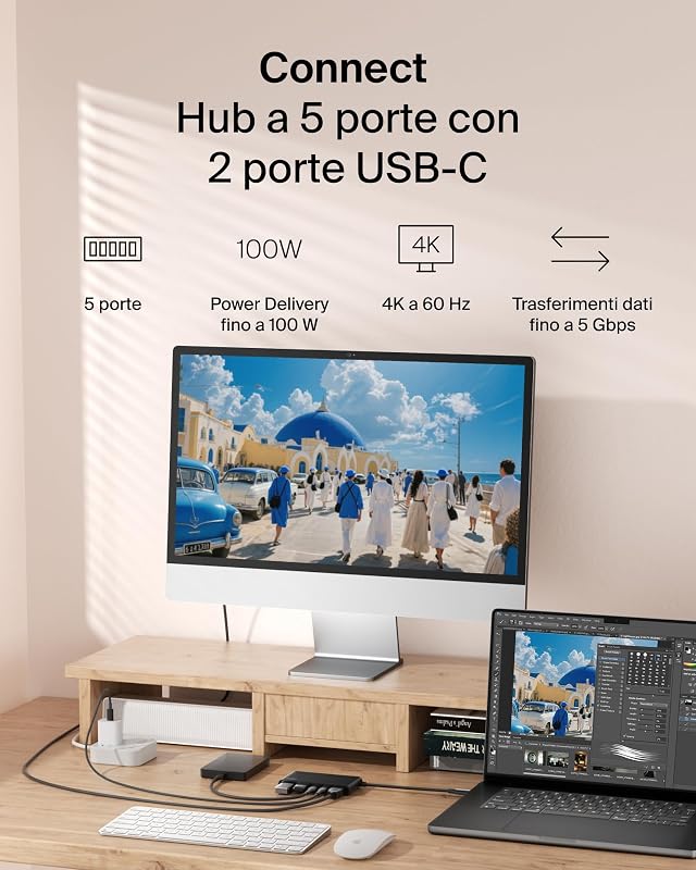 Hub USB-C a 5 Porte con HDMI 4K a 60 Hz, Power Delivery 100W, Trasferimenti Dati Rapidi da 5Gbps, Adattatore USBC Multiporta per MacBook, iPad Pro, Cromebook, HDMI 2.0 Aggiornato - Nero