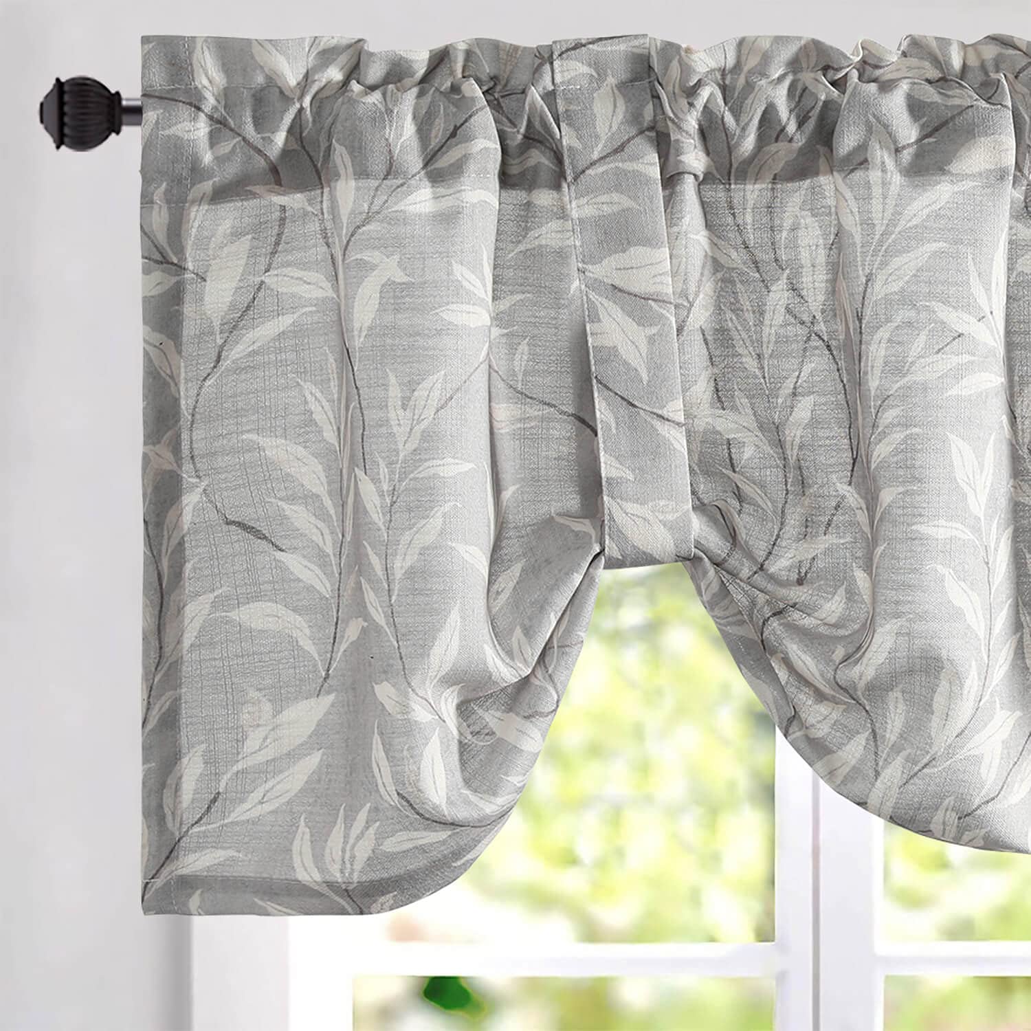 VOGOL Grey Leaves Print Curtain Valance, Linen Textured Tie Up Window Shade Rod Pocket Tie-up Adjustable Valances for Bathroom, 52 x 18, One Piece
