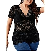 OYOANGLE Women's Plus Size Short Sleeve Floral Lace Blouse Mesh V Neck Slim Tee Shirt Top