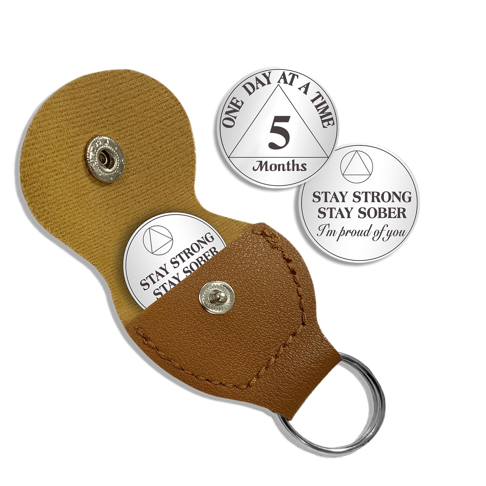 5 Month Sobriety Coin One Day at a Time AA Chips and Medallions with PU Leather Keychain Sobriety Gifts for Celebrating Alcoholics Anonymous Recovery