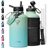 Topre Insulated Water Bottle 64oz,Half Gallon Water Flask Stainless Steel Vacuum, Cold for 48 Hrs,BPA-Free & Leakproof -with Paracord Handle, Strap,Straw Spout Lids,Large Jug for Gym Sports,Green