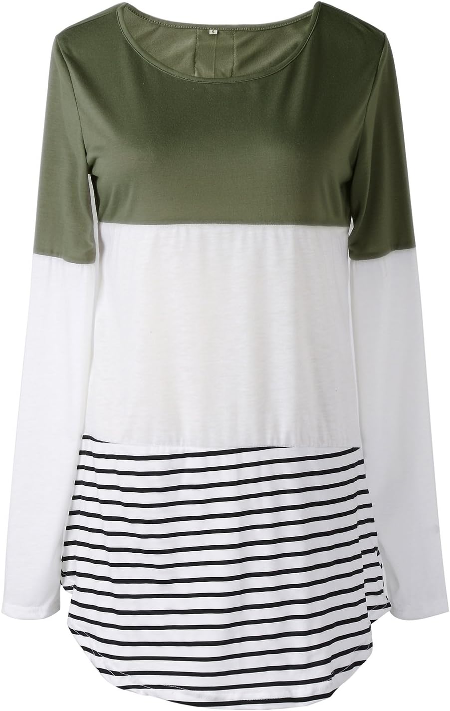 Kingdilor Women's Back Lace Color Block Tops Long Sleeve O-Neck T-Shirts Blouses Stripe Hem Tunic (Army Green, XL)