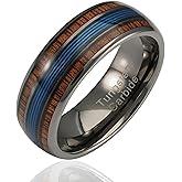 100S JEWELRY Engraved Personalized Gunmetal Blue Fishing Line Koa Wood Inlay Tungsten Rings For Men Wedding Promise Band Size 6-16