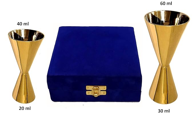 Akanksha Arts Brass Golden/Chrome Finish 2 Tone Pair of Peg Measure in a Velvet Box , 20, 30, 40, 60 ml