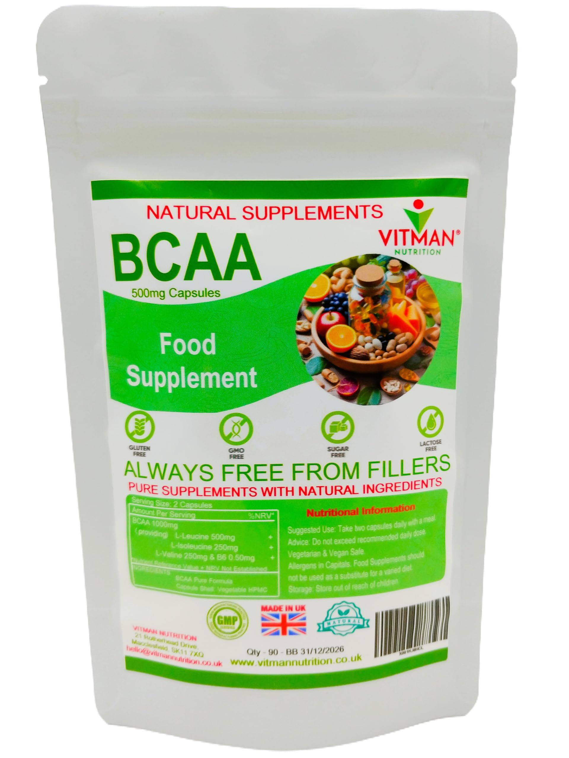BCAA Capsules Branched Chain Amino Acids (BCAA) L-Leucine, L-Isoleucine & L-Valine, Pre & Post Workout Capsules, Sports Supplement (90 Caps) (90)