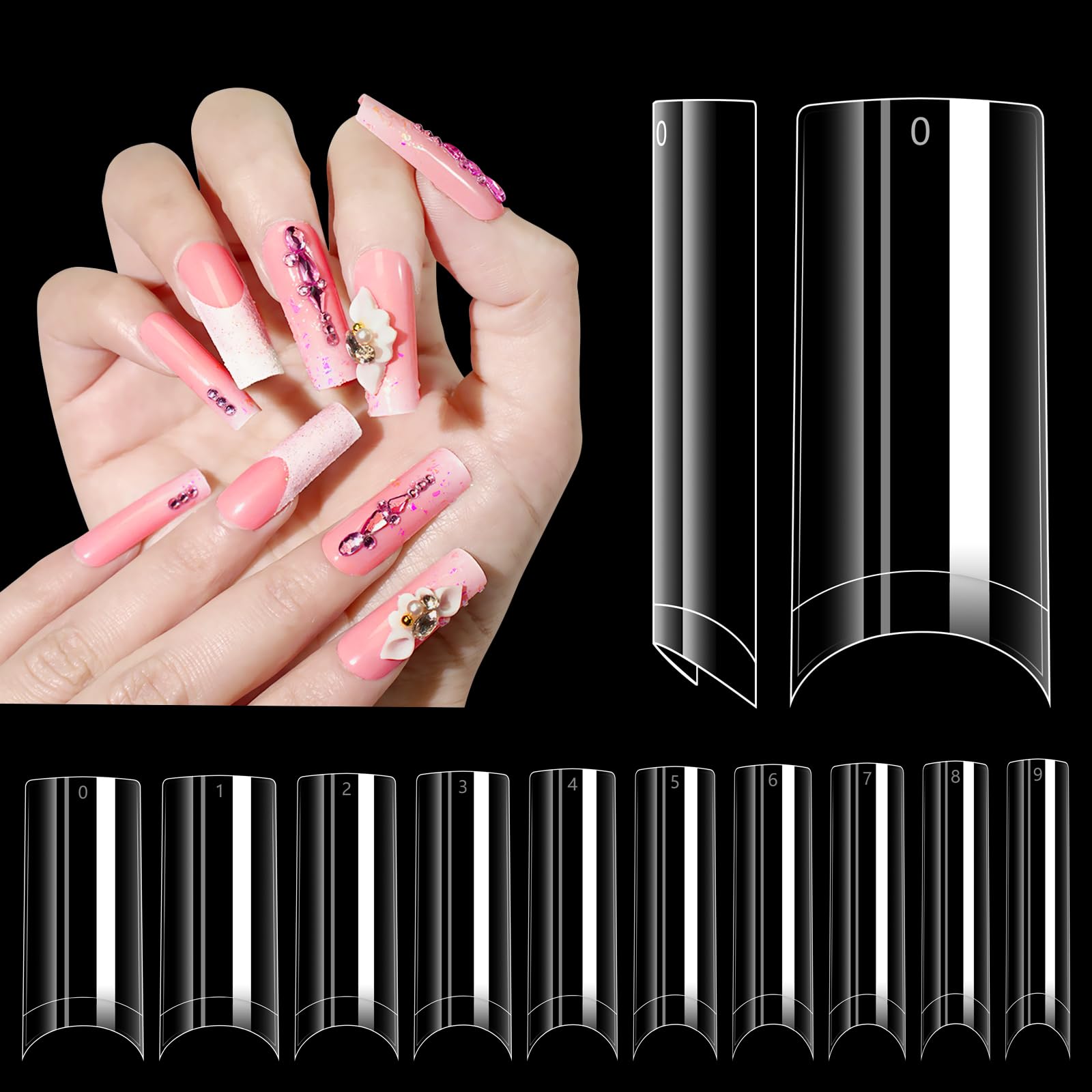 Adonafy Clear Acrylic Nail Tips: 240 Pcs Nail Tips for Acrylic Extensions for Women Girls - No C Curve Square Tips for Salon Home Manicure - 10 Sizes