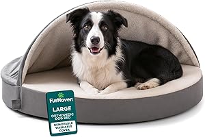 FurHaven Round Orthopedic Dog Bed for Large Dogs, Medical-Grade Orthopedic Egg-Crate Foam Base with Attached Blanket Hood and Removable Washable Cover, Large, Sherpa & Suede Snuggery, Gray