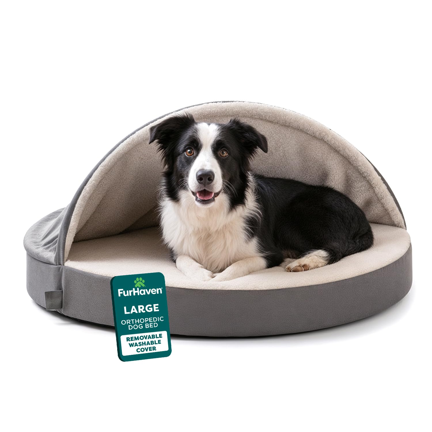 Photo 1 of *MAJOR DAMAGE*
FurHaven Round Orthopedic Dog Bed for Large Dogs, Egg Crate with a Solid Orthopedic Foam Base with Attached Blanket Hood and Removable Washable Cover, Large, Sherpa & Suede Snuggery, Gray