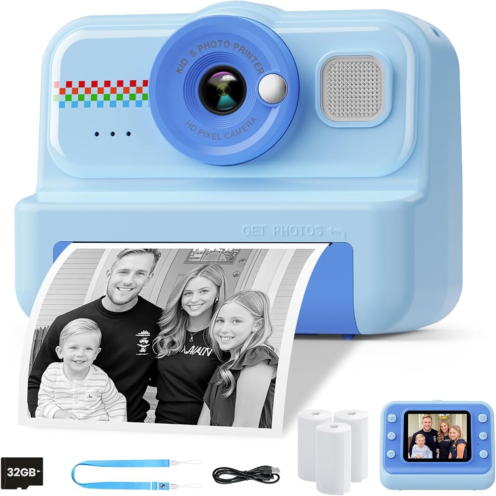 HiMont Kids Camera Instant Print 1080P 32GB 3 Rolls Paper Blue