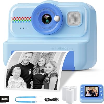 HiMont Kids Camera Instant Print 1080P 32GB 3 Rolls Paper Blue