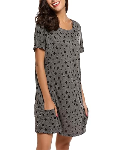 ADOME Damen Nachthemd Sleepswear O-Ausschnitt Kurzarm Star Print Nachtwäsche Nachtkleid Casual mit Tasche