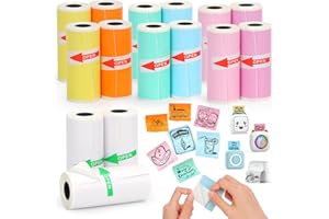HUIJUTCHEN 15 Rolls Thermal Mini Printer Paper for Inkless Mini Printer, 3 Rolls WhiteThermal Sticky Paper & 12 Rolls Colorful Thermal Sticky Paper, 57X25mm, for Notes Journal Memo Photo Study