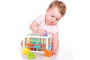Tiyol Shape Sorter One Year Old Toys, Developmental Montessori Learning, Storage Cube Bin & 6 Sensory Shape Blocks, Fine Motor Skills, Birthday Gifts Toddler Boy Girl Age 1 2 3 (+6 Ocean Balls)