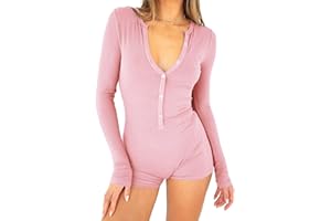 BONITEE Womens One Piece Jumpsuit V Neck Romper Long Sleeve Bodysuit Trendy Pajamas Set Ribbed Button Down Jumpsuits