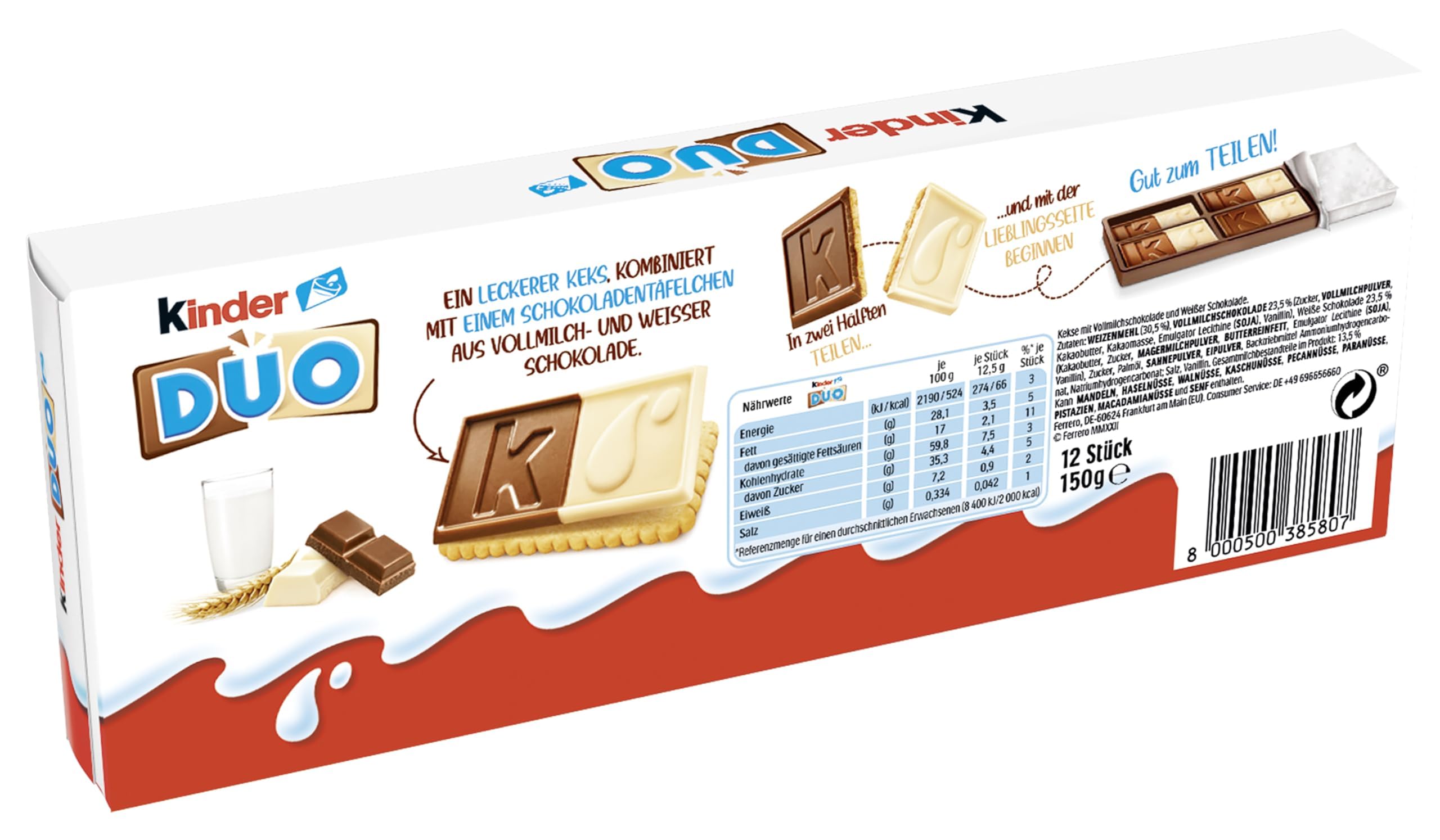 kinder DUO – Knusprige Kekse mit Schokoladentäfelchen aus Vollmilch- und weißer Schokolade – Leckerer Snack für zwischendurch – Süßigkeiten für Karneval & Fasching – 1 Packung à 150g mit 12 Keksen 5