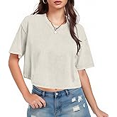 Womens Cropped Tops Acid Wash Short Sleeve T-Shirt Baggy Cotton Tee Vintage Round Neck Basic Tees Casual Shirts