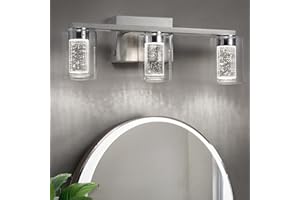 STAMBORD Bathroom Light Fixtures, 3 Light Brushed Nickel Bathroom Vanity Light over Mirror, 3 Color LED Vanity lights with Crystal Bubble and Clear Glass, White/Neutral/Warm Light Dimmable Wall Sconce Lighting