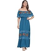 ABEHIK Mexican Dress for Women Traditional Off Shoulder Embroidered Present Casual Lace Long Maxi Dress Cinco de Mayo Outfit