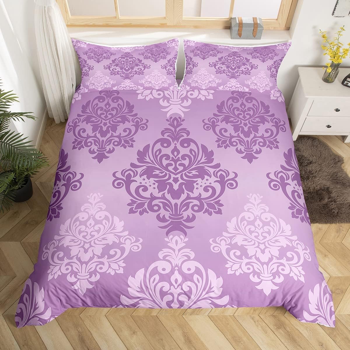 Homewish Damask King Duvet Cover Sets for Adults Women, Ombre Purple Baroque Floral Bedding Sets for Teens Girls, Chic Violet Medallion Printed Comforter Cover, Microfibre Bedding & Linen