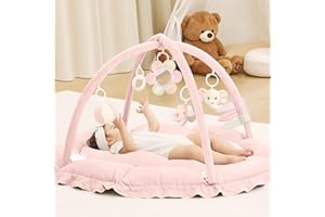 ANGELBLISS 5 in 1 Baby Play Gym Mat, Reversible Tummy Time Mat with 5 Sensory Toys for Stage-Based Developmental, Thick & Large Baby Activity Center from Newborn to Toddler (Pink)