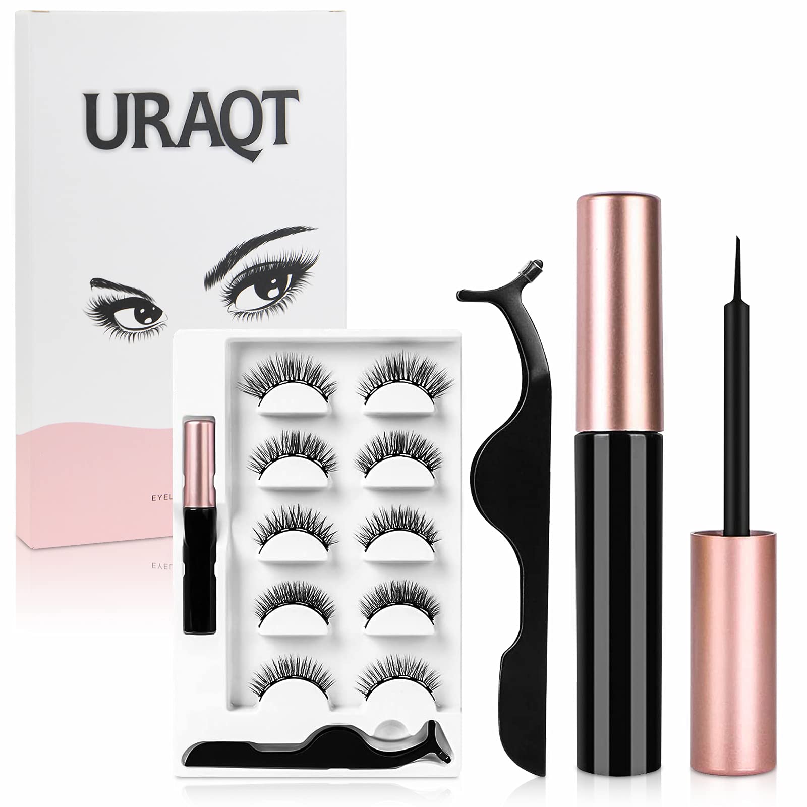 URAQT Magnetic Eyelashes with Eyeliner Kit, 5 Pairs Natural Look False Eyelashes with Applicator, Waterproof Eyeliner Reusable Fake Lashes for Makeup Eyelashes Extension