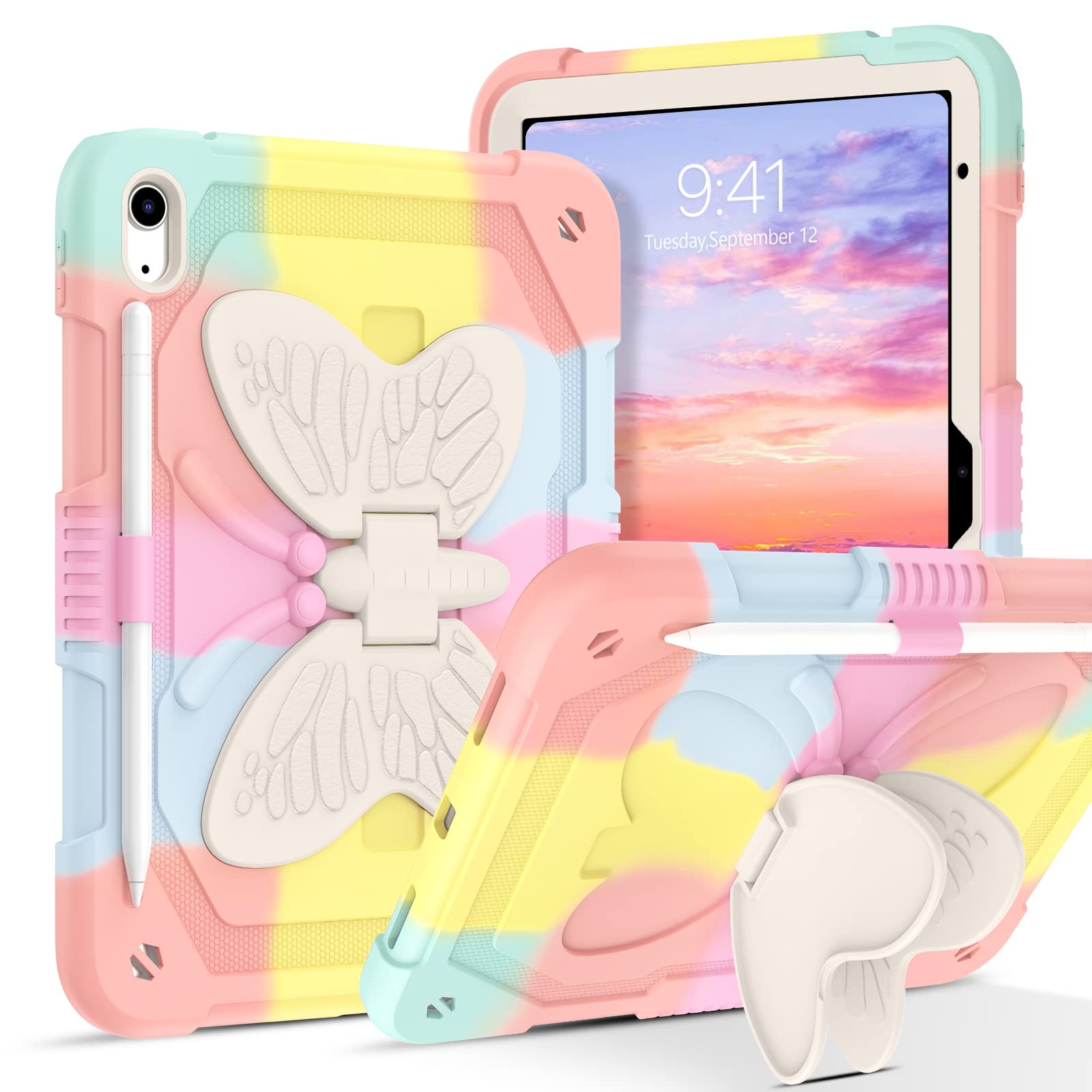 DUEDUE for iPad (A16) 11th/10th Generation Case Kids (2025/2022), Heavy Duty Shockproof Protective Kids Cover with Butterfly Wings Kickstand, Full Body Rugged Protection for iPad 10.9"/11" (Colorful)
