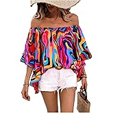 GORGLITTER Women's Off The Shoulder Tops Boho Asymmetrical 3/4 Sleeve Ruffle Colorful Blouses Shirt Tops Dressy Casual