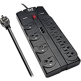 Tripp Lite 12 Outlet Surge Protector Power Strip, 8ft Cord, Right-Angle Plug, Tel/Modem Protection, RJ11, $150,000 Insurance 