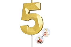 KENJOVIVO Number Birthday Candles(5 Candle Gold) 3D Diamond Shape Number Happy Birthday Cake Candles for Birthday Party Wedding Decoration Reunions Theme Party
