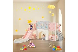 HEVAOTRY 11in 1 Toddler Slide, Kid Slide for Toddlers Age 1-3 with Telescope, Basketball Hoop, and Telescope, Indoor Outdoor Playset Playground Pink Grey