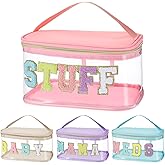 Chenille Letter Clear Makeup Bags, 4 Pack Preppy PVC&Nylon Stuff Bag Pouch, Chenille Patch Makeup Travel Cosmetic Handbag with Handle Zipper Waterproof TPU Toiletries Organizer Pouch for Women Girl