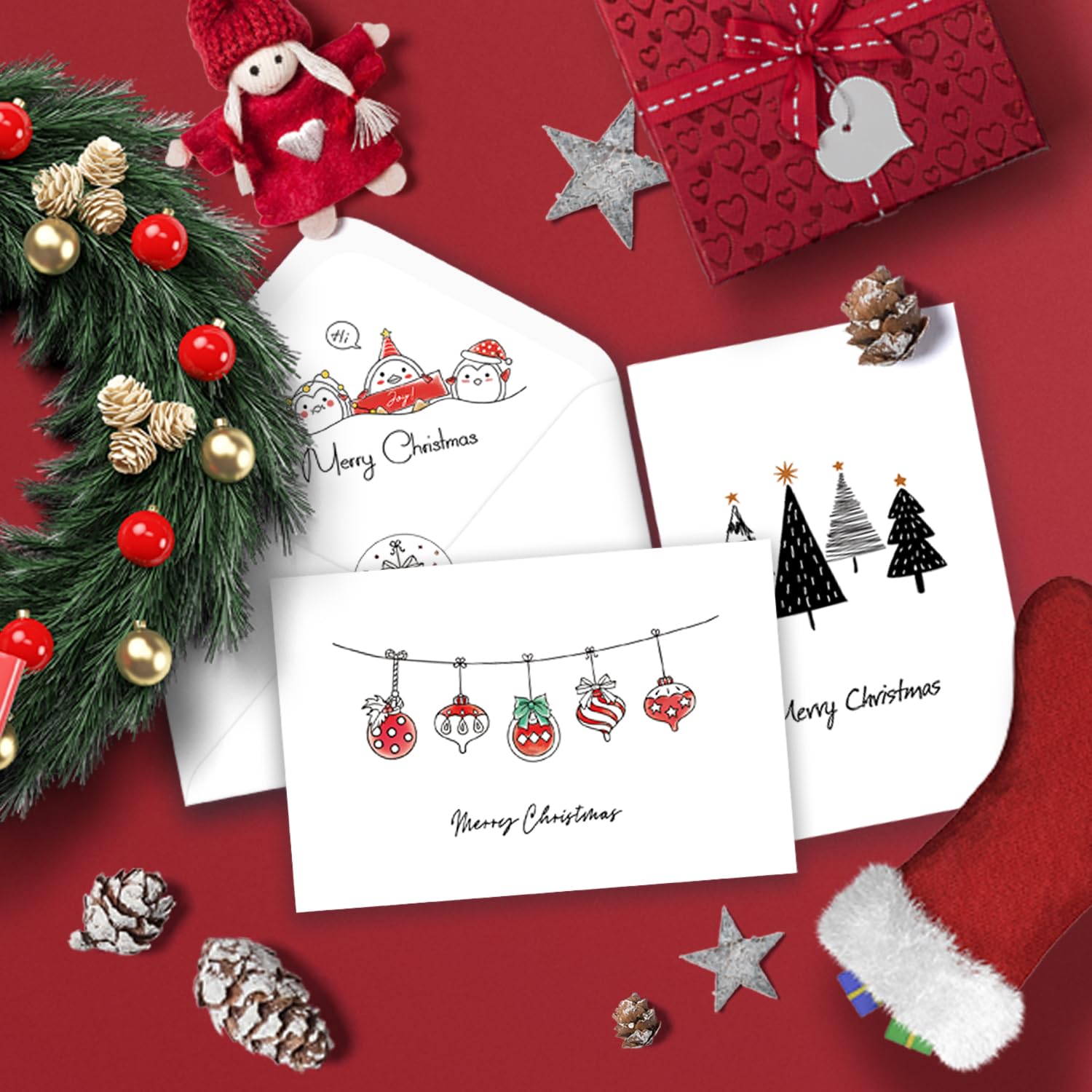 BGTCARDS Christmas Cards - Pack of 24, 6 Assorted Designs Merry Christmas Cards with Envelopes - Bulk Boxes card - Perfect to Send Warm Holiday Wishes to Friends and Family - 4