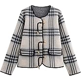 HOULENGS Women's Vintage Button Down Cardigan Sweater Plaid Print Long Sleeve Knit Coat Fall Fashion Outerwear with Pockets