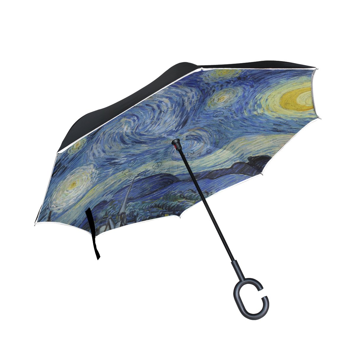 ISAOA Large Umbrella Inverted Umbrella Windproof Double Layer Construction Reversed Folding Umbrella for Car Use,C-Shaped Handle Umbrella Van Gogh Starry Night Art Blue Umbrella for Women and Men