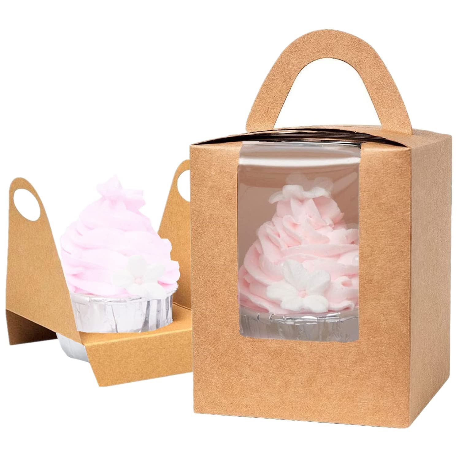 Gbateri 60 Pieces Individual Cupcake Boxes with Insert and Clear Window, Brown Kraft Single Cupcake Boxes Cupcake Carrier with Handle Cupcake Container Bakery Boxes Mini Cake Boxes Treat Gift Boxes
