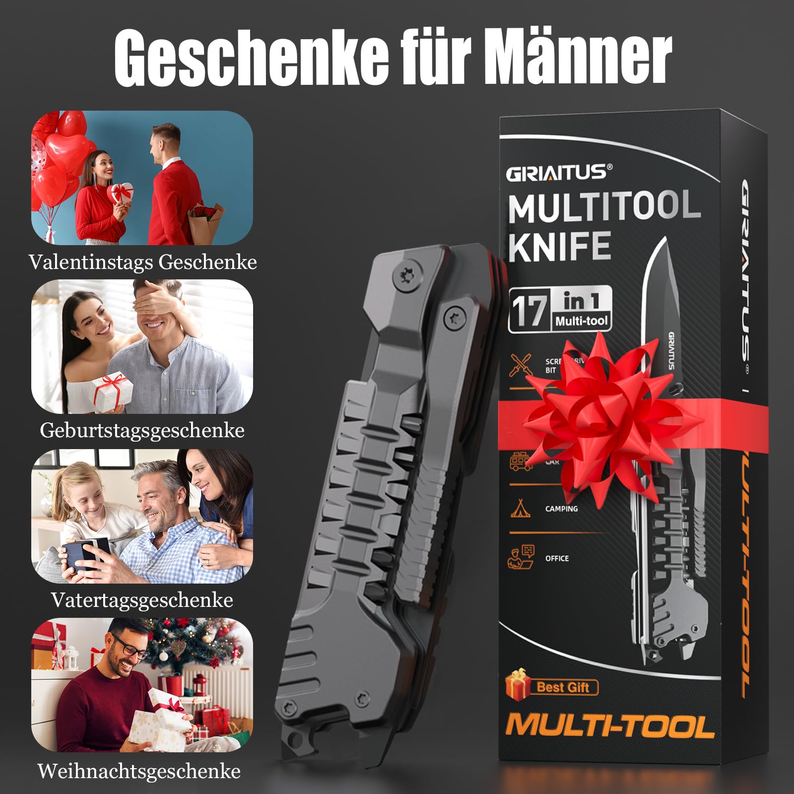 Geschenke für Männer 17in1 Multitool Taschenmesser Camping Zubehör mit Säge Schraubendreher Flaschenöffner Pfeife Outdoor Survival Gadgets Männergeschenke Geburtstagsgeschenk Vatertagsgeschenk 6